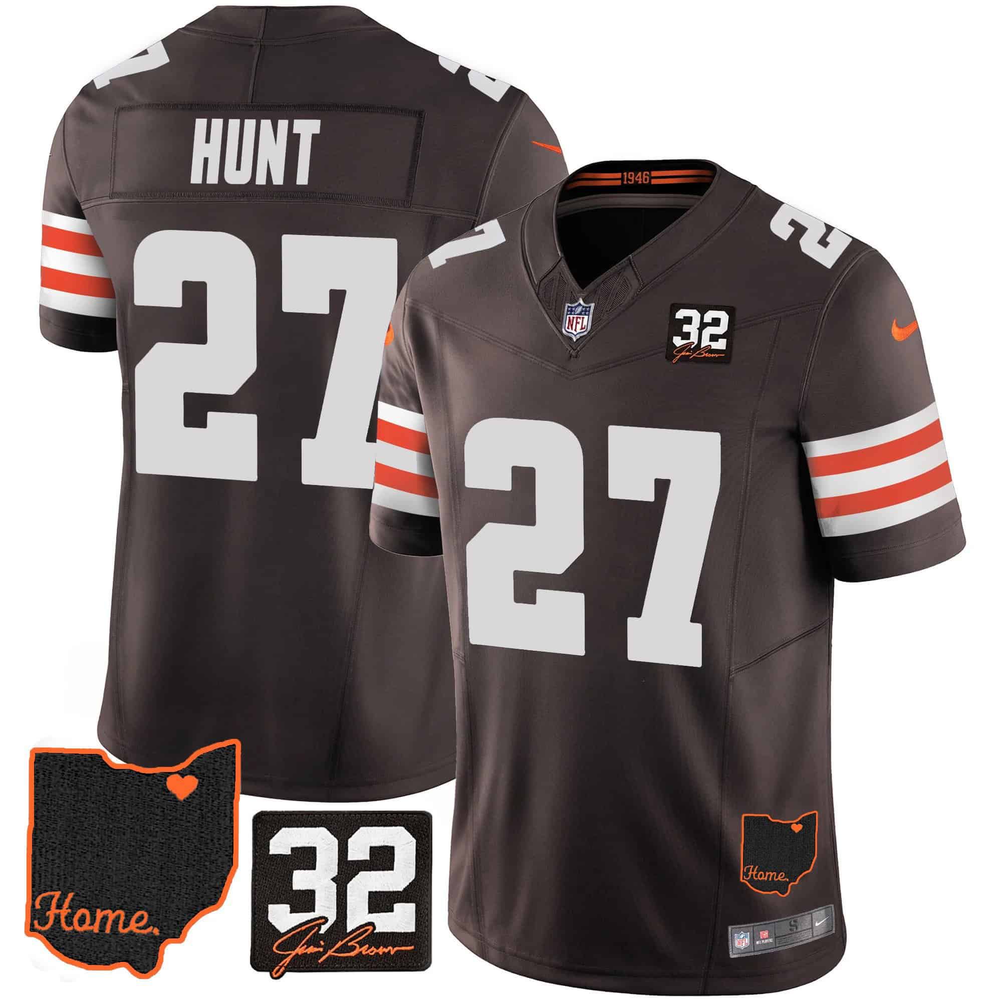 Men Cleveland Browns #27 Hunt Brown Memorial Home Patch 2024 Nike NFL Jersey style 1